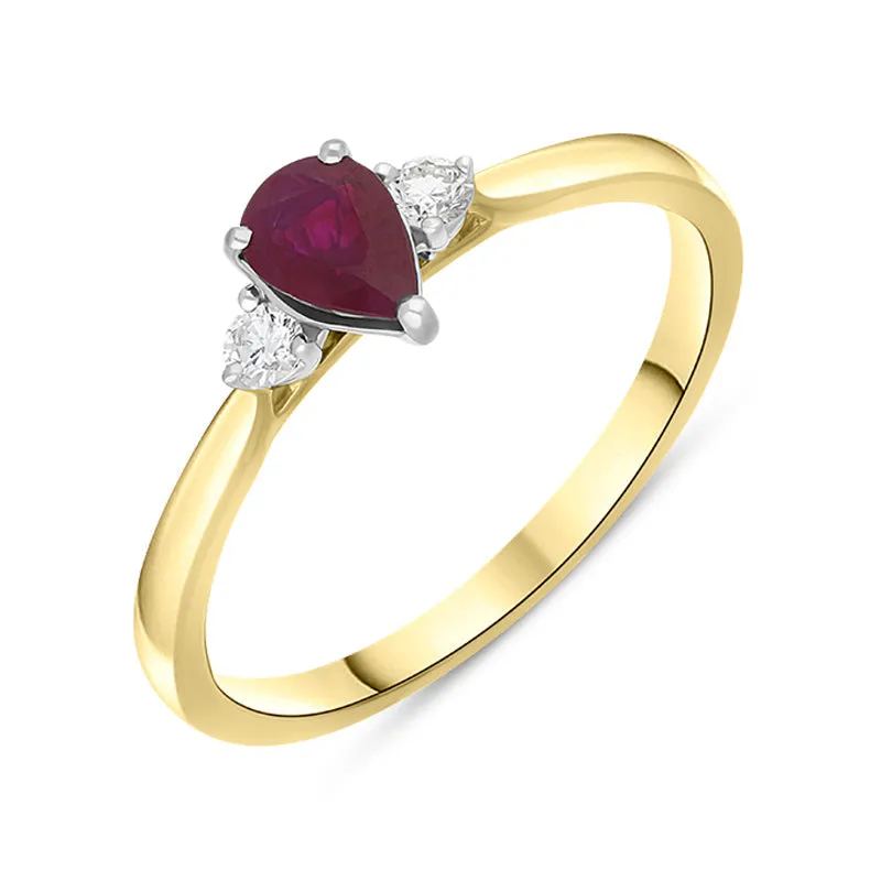 18ct Yellow Gold 0.52ct Ruby Diamond Pear Cut Three Stone Ring