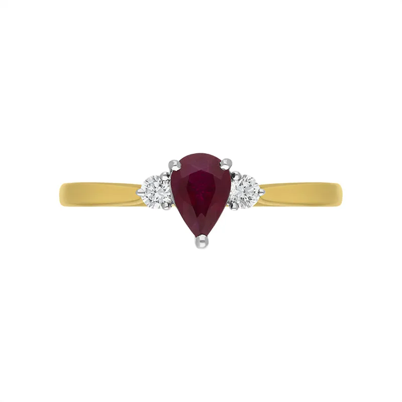 18ct Yellow Gold 0.52ct Ruby Diamond Pear Cut Three Stone Ring