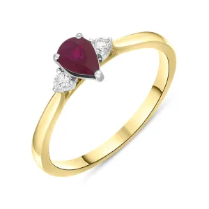 18ct Yellow Gold 0.52ct Ruby Diamond Pear Cut Three Stone Ring