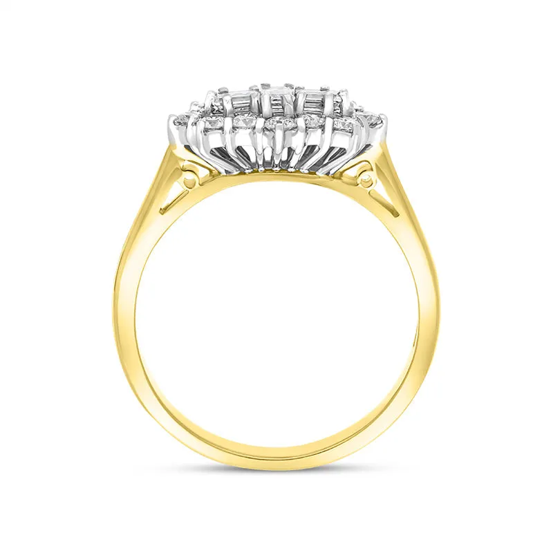 18ct Yellow Gold 0.60ct Diamond Baguette Cut Vintage Style Cluster Ring