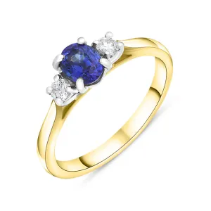 18ct Yellow Gold 0.64ct Sapphire Diamond Oval Cut Three Stone Ring