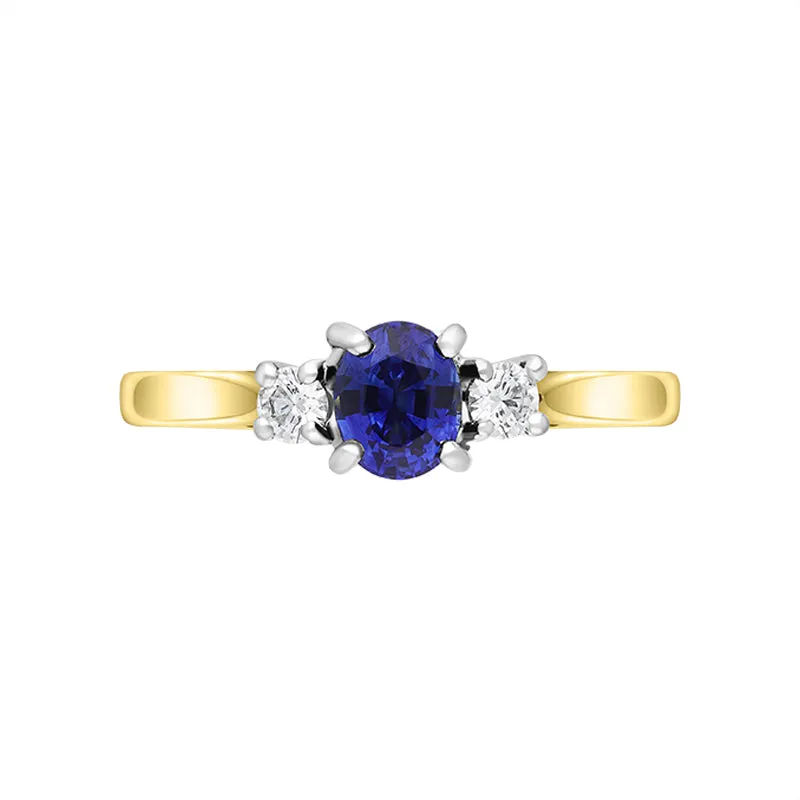 18ct Yellow Gold 0.64ct Sapphire Diamond Oval Cut Three Stone Ring