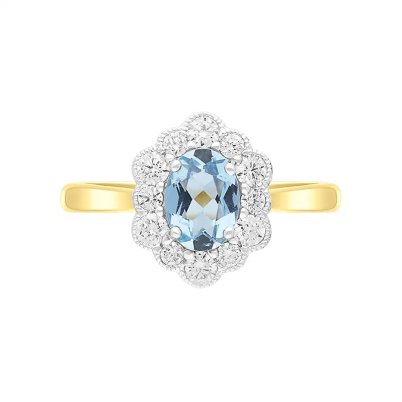 18ct Yellow Gold 0.67ct Aquamarine Diamond Halo Ring