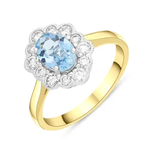 18ct Yellow Gold 0.67ct Aquamarine Diamond Halo Ring