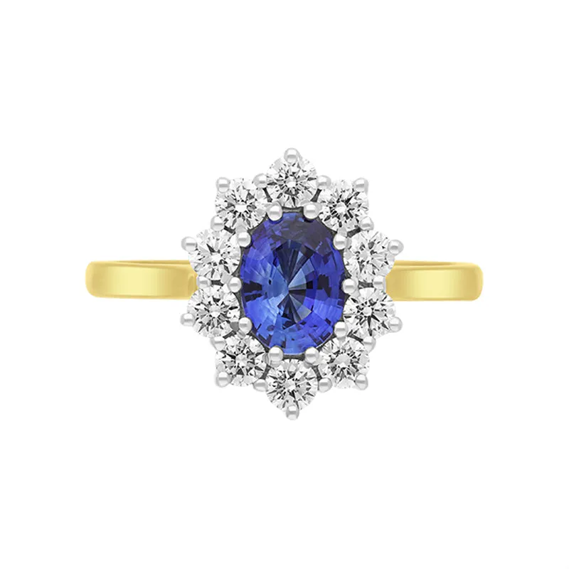 18ct Yellow Gold 0.92ct Sapphire 0.62ct Diamond Halo Ring