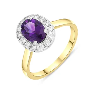 18ct Yellow Gold 1.10ct Amethyst Diamond Halo Ring
