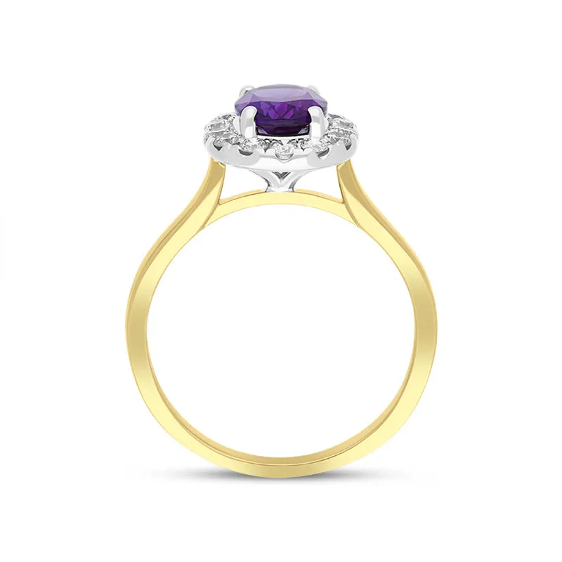 18ct Yellow Gold 1.10ct Amethyst Diamond Halo Ring