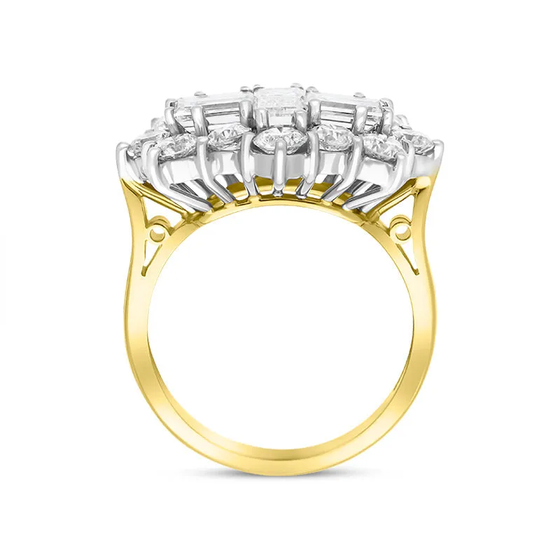 18ct Yellow Gold 3.00ct Diamond Baguette Round Brilliant Cut Vintage Style Cluster Ring