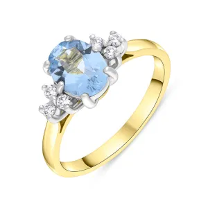 18ct Yellow Gold Aquamarine Diamond Cluster Oval Cut Ring