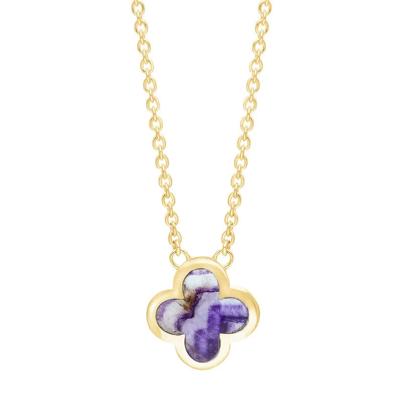 18ct Yellow Gold Blue John bloom Small Four Leaf Clover Polished Edge Pendant