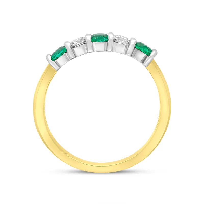 18ct Yellow Gold Emerald Diamond Bar Set Half Eternity Ring