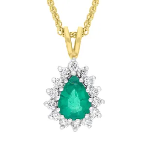 18ct Yellow Gold Emerald Diamond Cluster Pear Cut Pendant Necklace