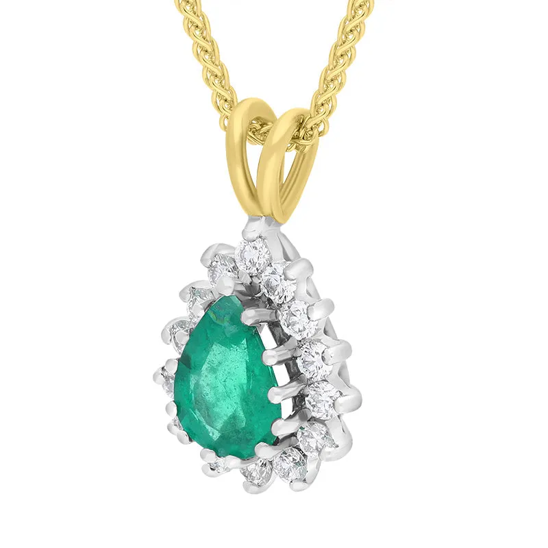 18ct Yellow Gold Emerald Diamond Cluster Pear Cut Pendant Necklace