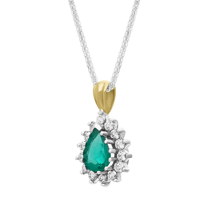 18ct Yellow Gold Emerald Diamond Cluster Pear Pendant