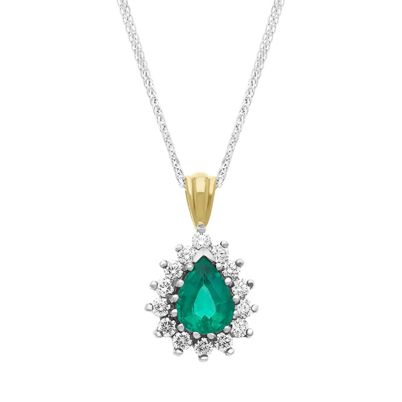 18ct Yellow Gold Emerald Diamond Cluster Pear Pendant