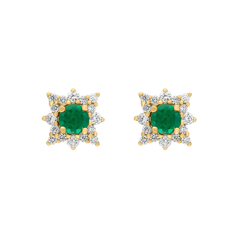 18ct Yellow Gold Emerald Diamond Star Cluster Stud Earrings