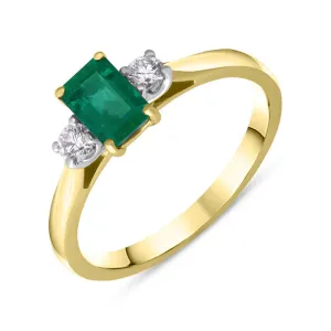 18ct Yellow Gold Emerald Diamond Three Stone Ring