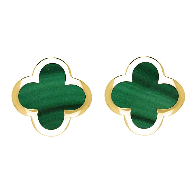 18ct Yellow Gold Malachite Bloom Four Leaf Clover Stud Earrings