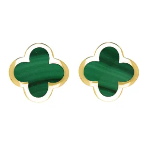 18ct Yellow Gold Malachite Bloom Four Leaf Clover Stud Earrings