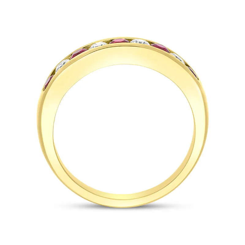 18ct Yellow Gold Ruby Diamond Channel Set Half Eternity Ring
