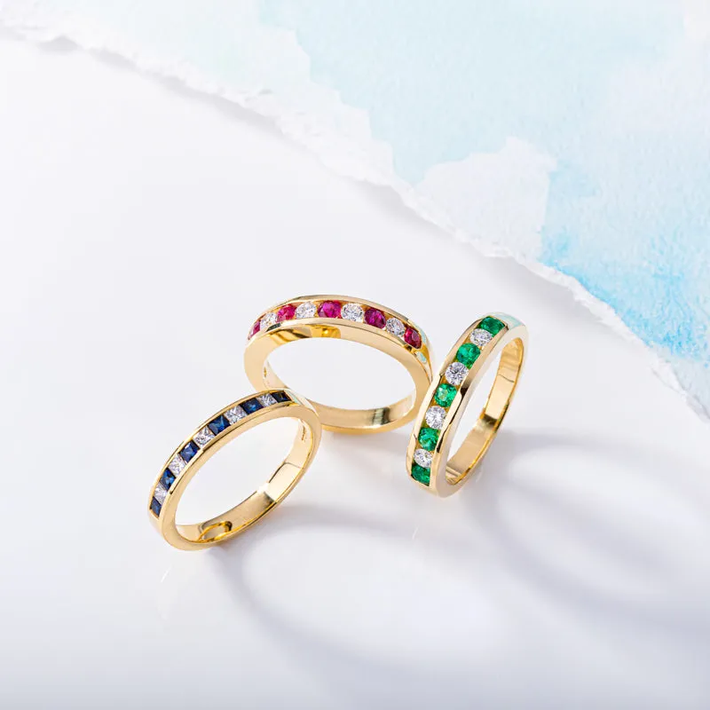 18ct Yellow Gold Ruby Diamond Channel Set Half Eternity Ring