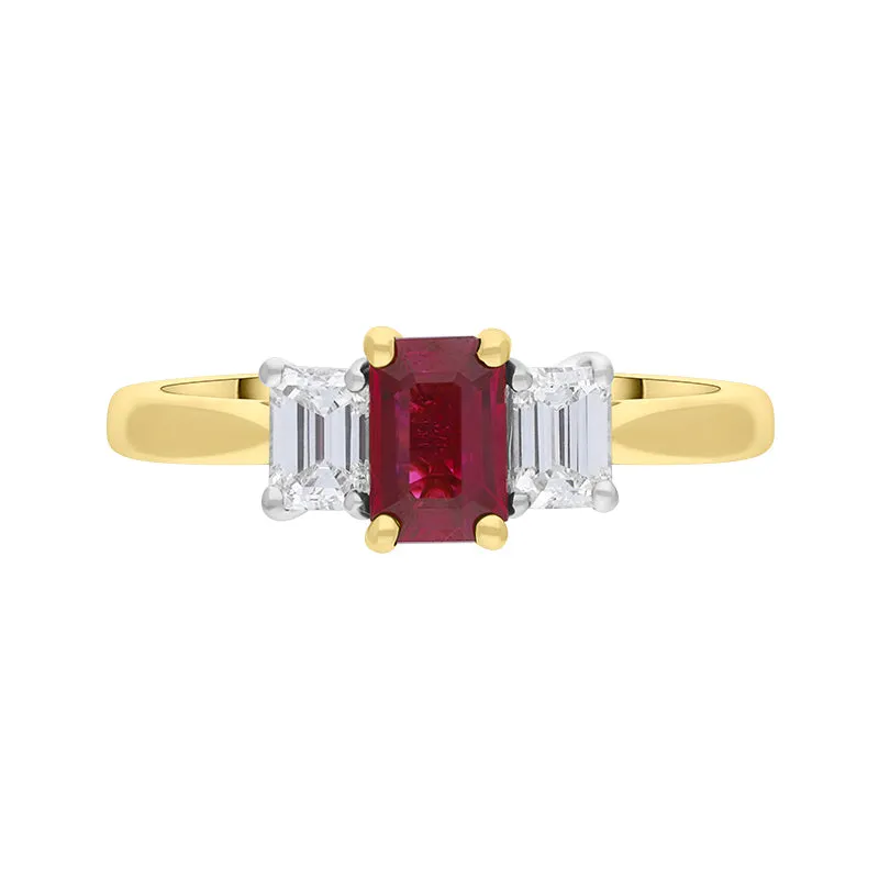 18ct Yellow Gold Ruby Diamond Emerald Cut Three Stone Ring