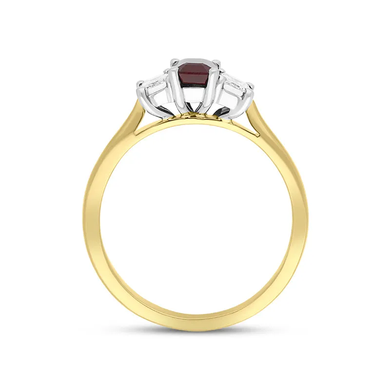 18ct Yellow Gold Ruby Diamond Emerald Cut Three Stone Ring