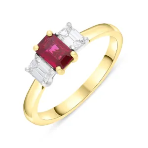 18ct Yellow Gold Ruby Diamond Emerald Cut Three Stone Ring