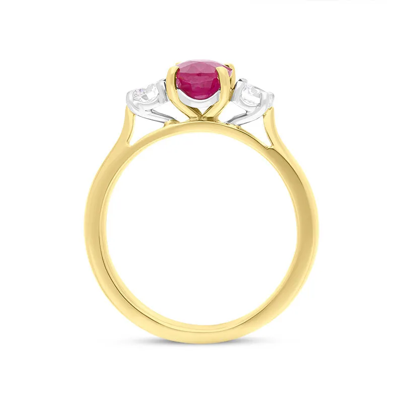 18ct Yellow Gold Ruby Diamond Oval Cut Three Stone Ring