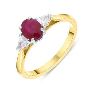 18ct Yellow Gold Ruby Diamond Oval Cut Three Stone Ring