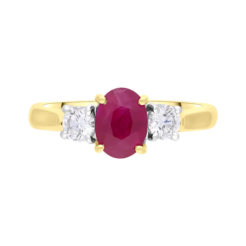 18ct Yellow Gold Ruby Diamond Oval Cut Three Stone Ring