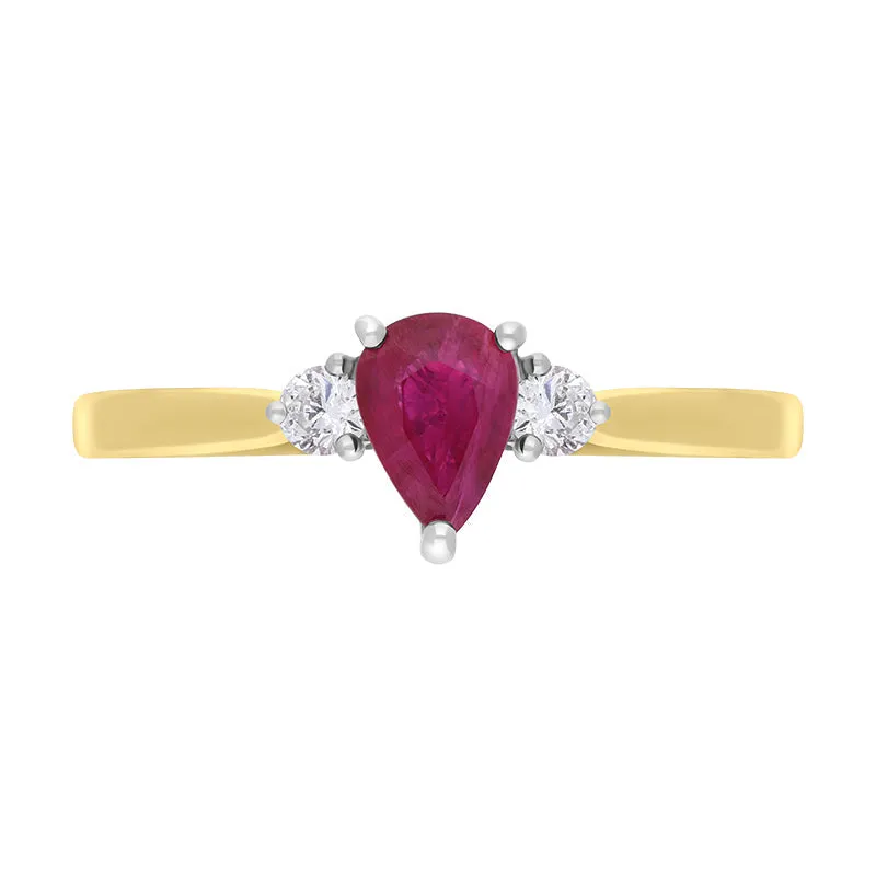 18ct Yellow Gold Ruby Diamond Pear Cut Three Stone Ring
