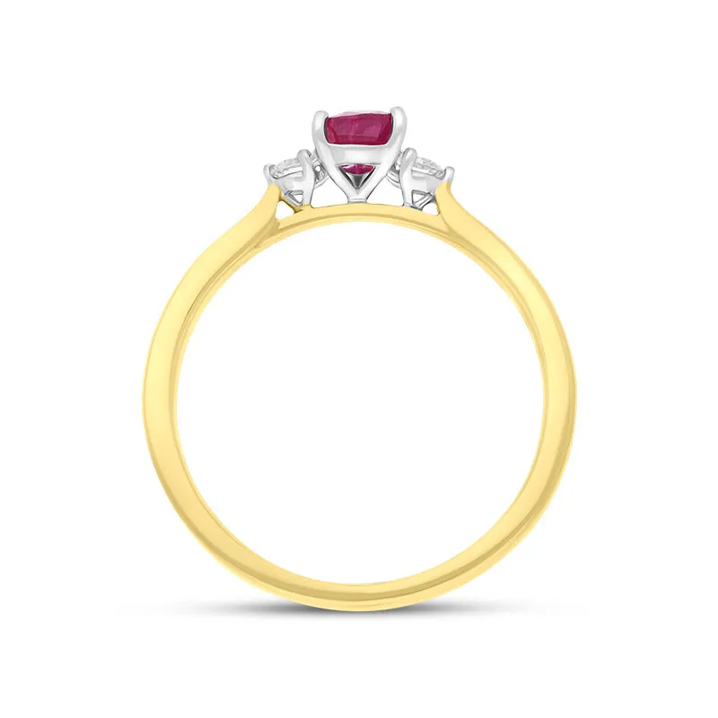18ct Yellow Gold Ruby Diamond Pear Cut Three Stone Ring