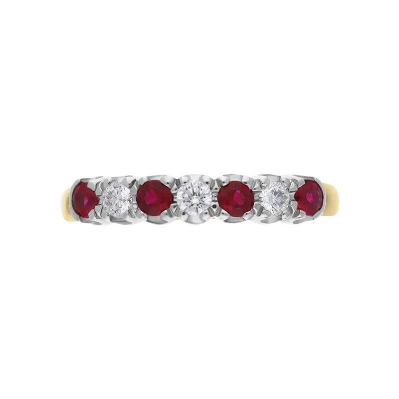 18ct Yellow Gold Ruby Diamond Seven Stone Half Eternity Ring