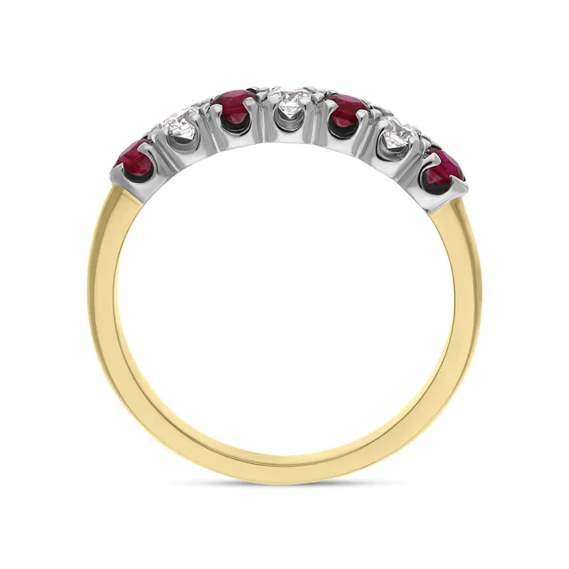 18ct Yellow Gold Ruby Diamond Seven Stone Half Eternity Ring