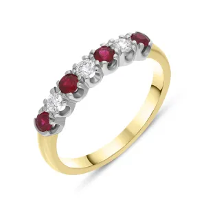 18ct Yellow Gold Ruby Diamond Seven Stone Half Eternity Ring