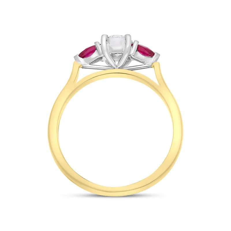 18ct Yellow Gold Ruby Diamond Three Stone Ring