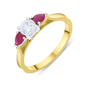 18ct Yellow Gold Ruby Diamond Three Stone Ring