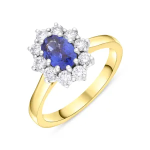 18ct Yellow Gold Sapphire Diamond Cluster Oval Cut Ring