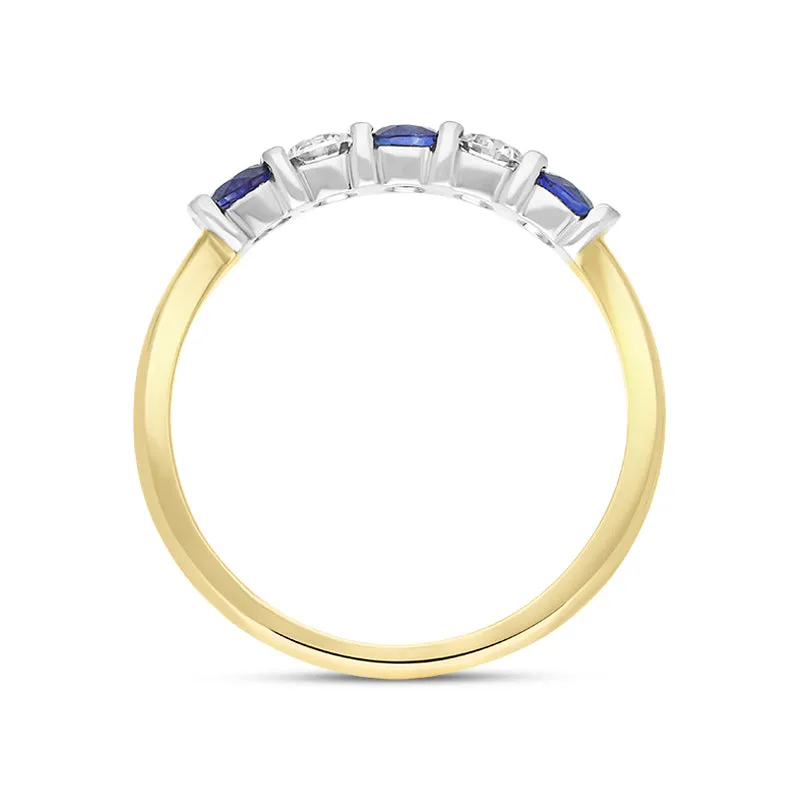 18ct Yellow Gold Sapphire Diamond Five Stone Bar Set Half Eternity Ring