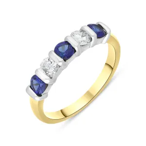 18ct Yellow Gold Sapphire Diamond Five Stone Bar Set Half Eternity Ring