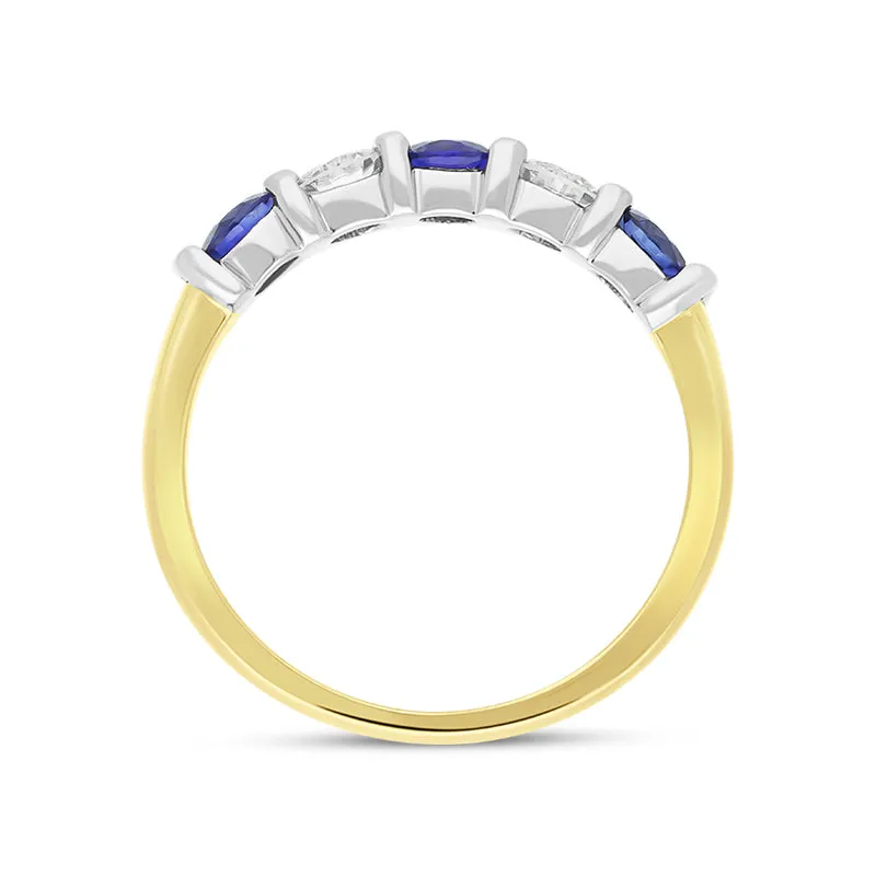 18ct Yellow Gold Sapphire Diamond Five Stone Bar Set Half Eternity Ring