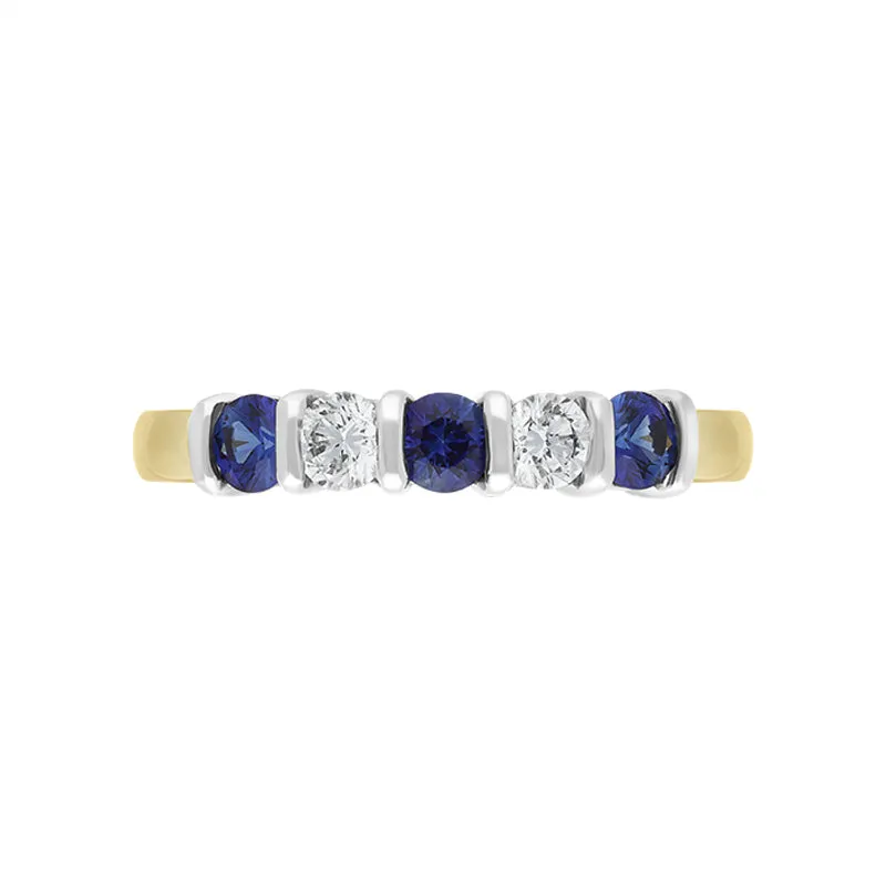 18ct Yellow Gold Sapphire Diamond Five Stone Bar Set Half Eternity Ring
