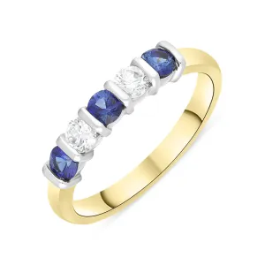 18ct Yellow Gold Sapphire Diamond Five Stone Bar Set Half Eternity Ring