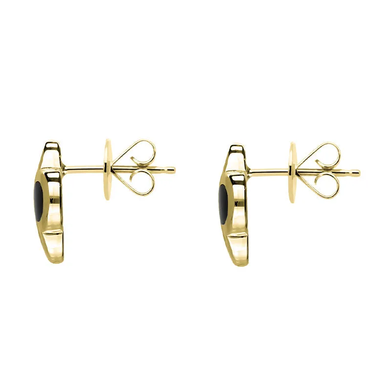 18ct Yellow Gold Whitby Jet Bloom Four Leaf Clover Stud Earrings