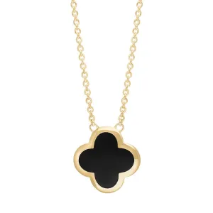 18ct Yellow Gold Whitby Jet Bloom Large Four Leaf Clover Polished Edge Pendant