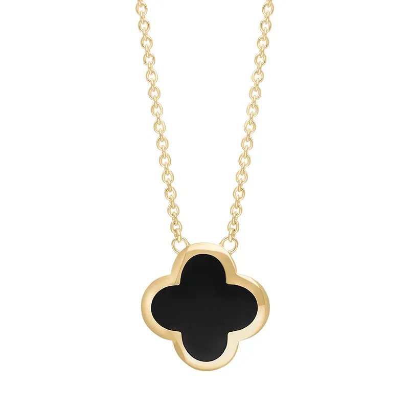 18ct Yellow Gold Whitby Jet Bloom Large Four Leaf Clover Polished Edge Pendant