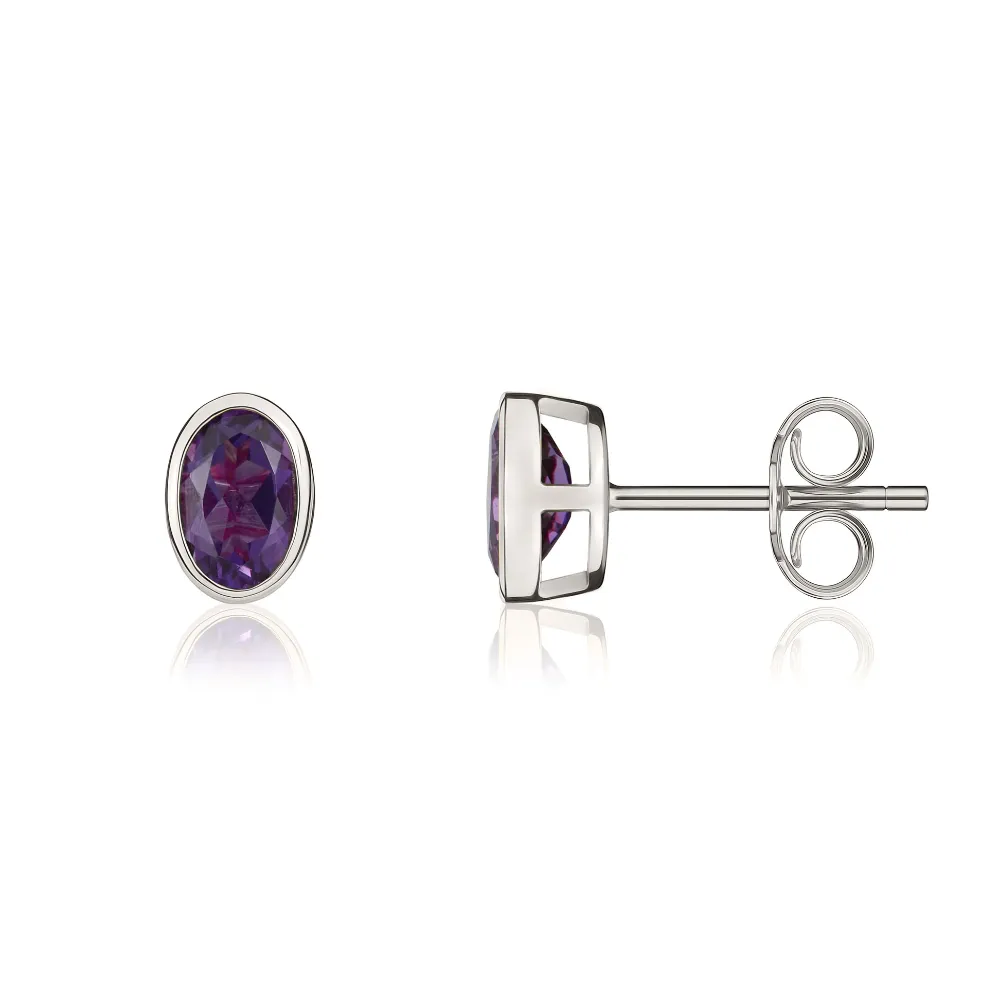 9ct White Gold Amethyst 6x4mm Oval Rub Over Set Stud Earrings