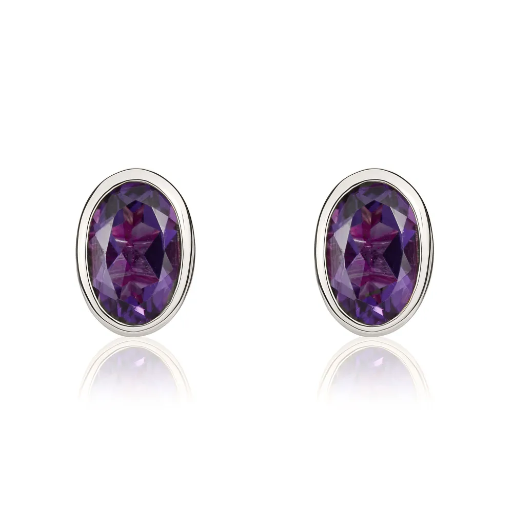 9ct White Gold Amethyst 6x4mm Oval Rub Over Set Stud Earrings