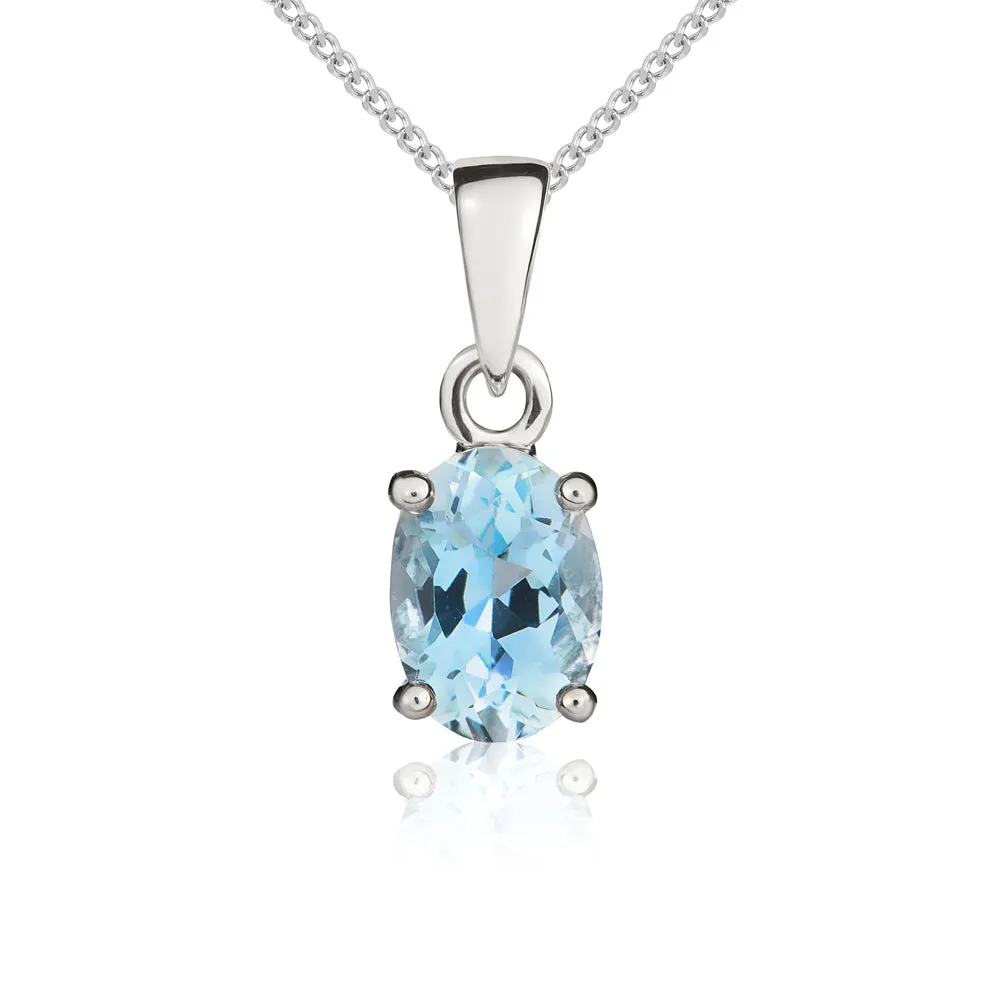 9ct White Gold Aquamarine 7x5mm Oval Claw Set Necklace